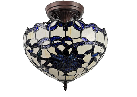 Vayne Blue And White Stained Glass Bowl Shade Two Light Tiffany Style Semi Flush Mount Ceiling Light With Bronze Finish