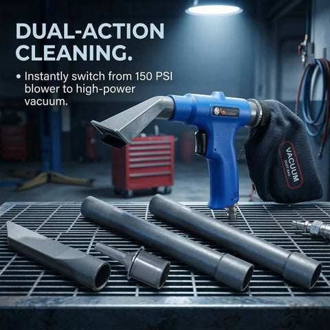 Dual Action Pneumatic Vacuum And Air Blow Gun With 6 Attachments 150 PSI Power For Auto Shop Cleaning Heavy Duty Tool