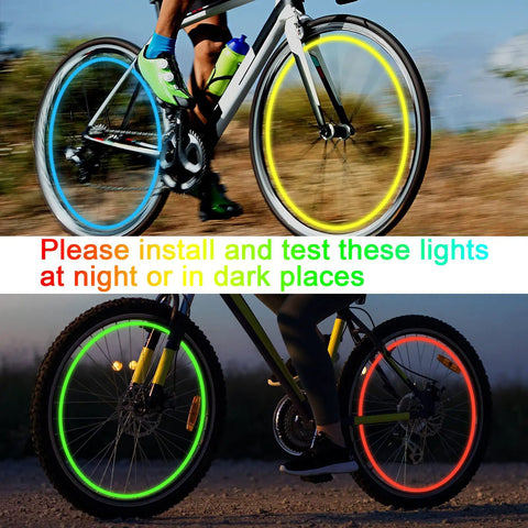 Cyclists using LED Bike Wheel Lights Valve Caps Set Multicolor Waterproof Spoke Reflectors for Bicycles Motorcycles Cars.