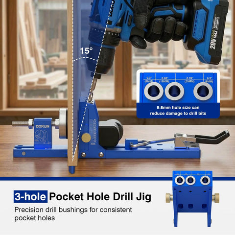 Pocket Hole Jig Kit For Five Eighths Inch To Two Inch Range, Adjustable Pocket Screw Jig System with drill in action, wood shop