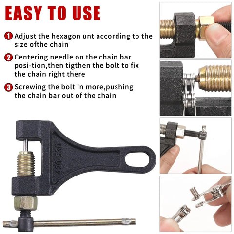 Pro Grade Heavy Duty Chain Breaker Tool For 420 428 520 525 528 530 Roller Chains usage instructions and close-up