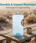 Stackable Five Gallon Water Jug With Easy Carry Handle for camping on wooden table in desert scene
