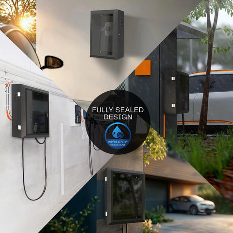 Heavy Duty Wall Mount EV Charger Protective Box With Lockable Safety Padlock Universal Fit Electric Vehicle Charging Station Cover shown on different walls.