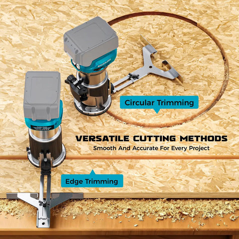 Cordless Router For 18V Battery 800W Brushless Wood Router With 6 Speed Control Depth Adjustment Edge And Roller Guide Includes Router Bits Tool Only No Battery demonstrating edge and circular trimming on wood