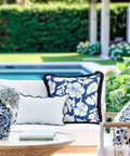 Coastal Patio Lumbar Pillow Cover 12x20 Inches Water Repellent Scalloped Edge on outdoor seating by poolside