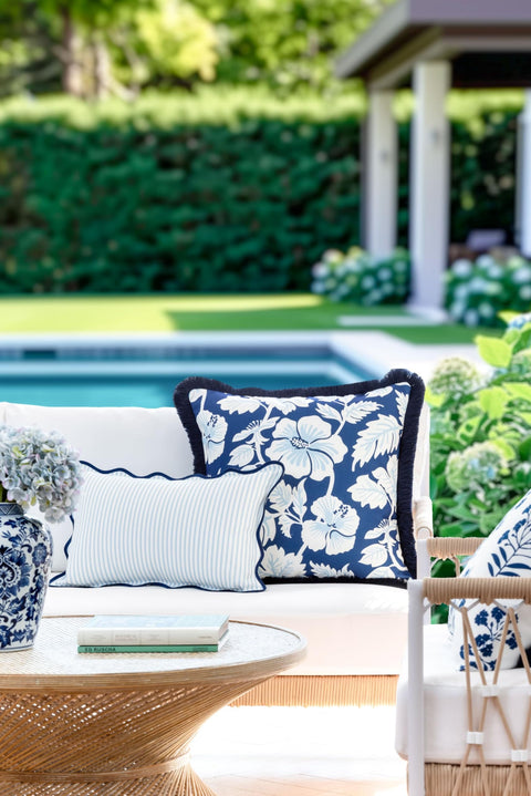 Coastal Patio Lumbar Pillow Cover 12x20 Inches Water Repellent Scalloped Edge on outdoor seating by poolside