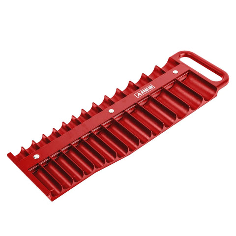 Red Magnetic Socket Holder For 3/8 Inch Drive, 28-Slot Organizer, Empty, Designed to Hold Standard and Deep Sockets, Portable Handle