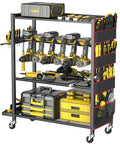 Rolling Power Tool Storage Cart For Garage And Shop, 4-Tier Drill Organizer With Slots For 12 Drills, shown with tools