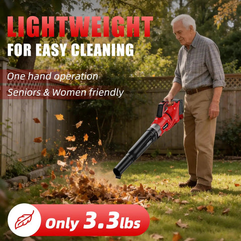 Senior using 600 CFM Cordless Leaf Blower With 18V M18 Battery Compatibility, 150 MPH Turbo Power Ultra Lightweight Handheld
