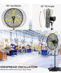 20 Inch Outdoor Quiet Oscillating Pedestal Fan With Brushless DC Motor in industrial setting, highlighting 90° oscillation and 25° tilt.