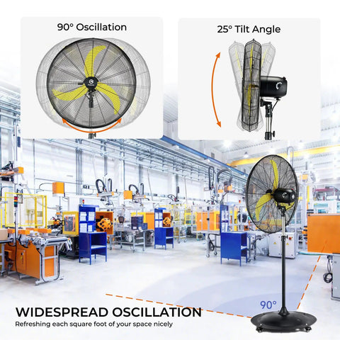 20 Inch Outdoor Quiet Oscillating Pedestal Fan With Brushless DC Motor in industrial setting, highlighting 90° oscillation and 25° tilt.