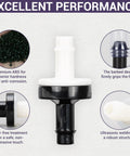 1/4 inch inline check valve with plug-in barb, ABS plastic, black body with white stem.