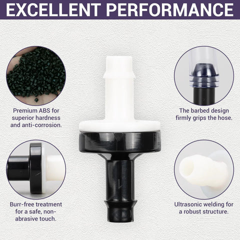 1/4 inch inline check valve with plug-in barb, ABS plastic, black body with white stem.
