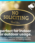 No Soliciting Sign For Home Or Business, Durable Indoor Outdoor Front Door Sign With Easy Mount Adhesive, UV And Weather Resistant Black Sign With Gold Letters, Small 2 By 5 Inches