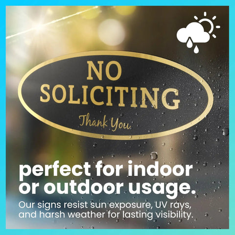 No Soliciting Sign For Home Or Business, Durable Indoor Outdoor Front Door Sign With Easy Mount Adhesive, UV And Weather Resistant Black Sign With Gold Letters, Small 2 By 5 Inches