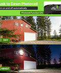 200W LED Parking Lot Light With 30000LM Dusk To Dawn Photocell lighting a house, showing day and night effect, IP65 waterproof.