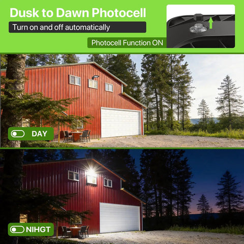 200W LED Parking Lot Light With 30000LM Dusk To Dawn Photocell lighting a house, showing day and night effect, IP65 waterproof.