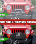 Heavy Duty Winch Cover With American Flag Design Waterproof Dustproof Protection For Universal Fit On 8K To 13500 Lb Electric Pulling Machines Gear Outdoor Truck Jeep Accessories before and after image on a red Jeep.