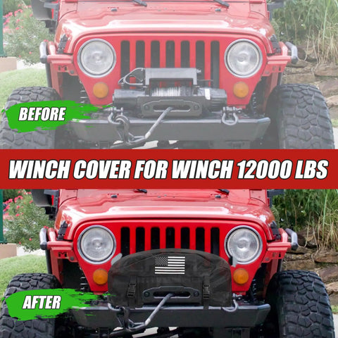 Heavy Duty Winch Cover With American Flag Design Waterproof Dustproof Protection For Universal Fit On 8K To 13500 Lb Electric Pulling Machines Gear Outdoor Truck Jeep Accessories before and after image on a red Jeep.