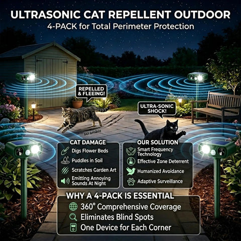 Solar Ultrasonic Animal Deterrent With Motion Detection And Flash Light Outdoor Yard Garden Critter Repeller for deer, cats, raccoons at night