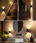 L LOHAS LED plug-in night light, black square wall mount; 2-pack shown installed on stairs, hallway, and bathroom vanity.