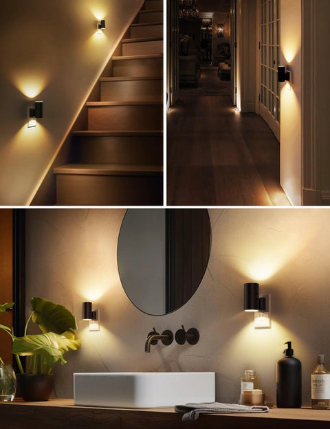 L LOHAS LED plug-in night light, black square wall mount; 2-pack shown installed on stairs, hallway, and bathroom vanity.