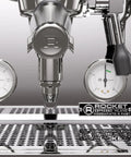 Top Tier Chrome Espresso Machine Cranking Out Perfection With A Rotary Pump Heat Exchanger And PID Temp Control For Smooth Daily Shots At Home Or Hustling Small Cafe Setup, showing gauges and drip tray.