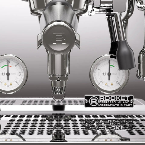 Top Tier Chrome Espresso Machine Cranking Out Perfection With A Rotary Pump Heat Exchanger And PID Temp Control For Smooth Daily Shots At Home Or Hustling Small Cafe Setup, showing gauges and drip tray.
