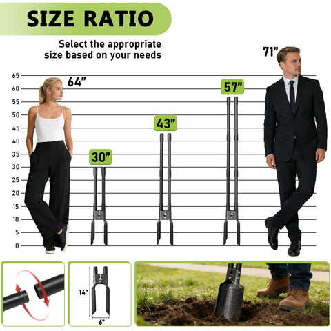 Image showing size comparison of 57 Inch Heavy Duty Post Hole Digger With Metal Shaft And Sharp Shovel Head and people of different heights.
