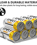 Tall Skinny Can Organizer And Dispenser For Fridge And Pantry Clear Set Of 2 Holds 12 Oz Skinny Cans And 16 Oz Regular Cans Stackable Design For Easy Visible Canned Drink Storage shown with mango flavored cans inside.