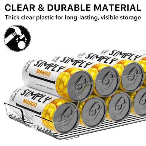 Tall Skinny Can Organizer And Dispenser For Fridge And Pantry Clear Set Of 2 Holds 12 Oz Skinny Cans And 16 Oz Regular Cans Stackable Design For Easy Visible Canned Drink Storage shown with mango flavored cans inside.