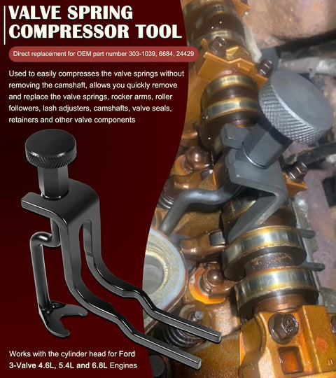 Close-up of valve spring compressor tool in use on engine, part of Ford Timing Belt Tools Set for 4.6L 5.4L 6.8L 3V engines.
