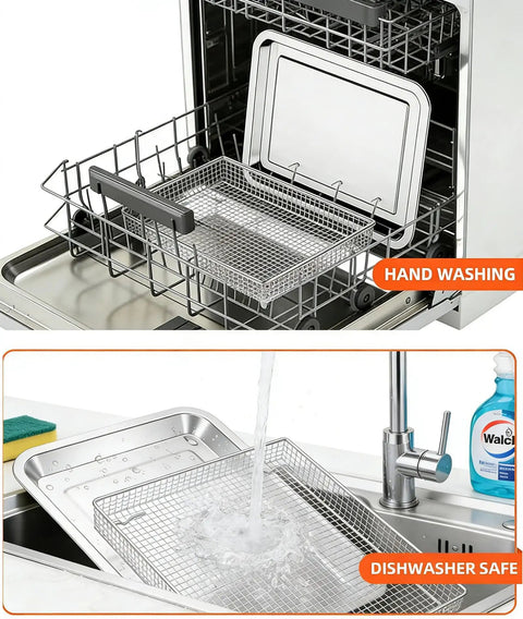 Replacement Air Fryer Tray For TOA 60 65 70 in dishwasher and sink, demonstrating dishwasher safe and hand washing options.