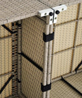 Close-up of wicker rattan furniture with alignment clips for sectional sofas and chairs maintaining a clean, seamless look.