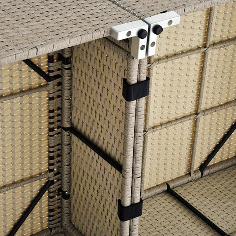 Close-up of wicker rattan furniture with alignment clips for sectional sofas and chairs maintaining a clean, seamless look.