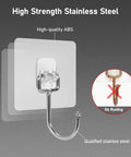Heavy Duty Adhesive Hooks 22 Lb Max Waterproof And Rustproof Stainless Steel Wall Hangers, close-up of hook and materials.
