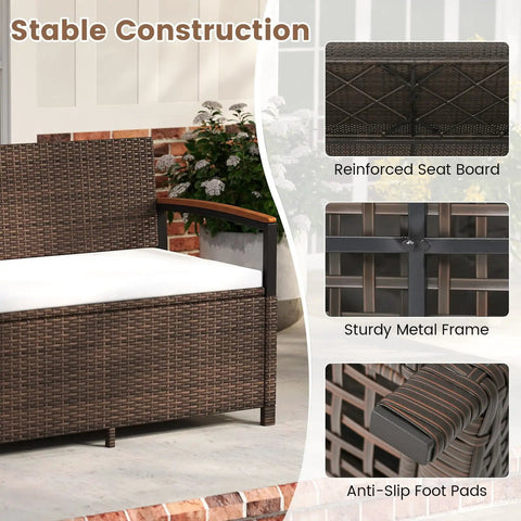Wicker Outdoor Storage Bench With Hidden 46 Gallon Gas Strut Lift Up Storage, showing reinforced seat board, metal frame, and foot pads