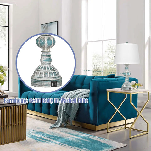 Set Of 2 Rustic Bedside Lamps With 3-Way Touch Dimming And USB Ports, Coastal Washed Blue Nightstand Lights on a modern table
