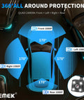 Diagram showing 4 Channel Dash Cam With 360 Degree View For Cars, 2K Front Rear Inside Left And Right Cameras, 5G WiFi App Control