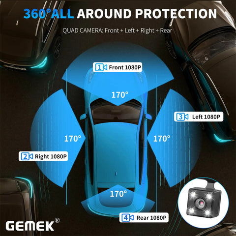 Diagram showing 4 Channel Dash Cam With 360 Degree View For Cars, 2K Front Rear Inside Left And Right Cameras, 5G WiFi App Control