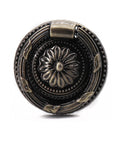 Close-up of a zinc alloy bronze-tone ring pull from 8 Pack Vintage Ring Pulls In Bronze Tone 37mm Diameter European Style Cabinet Dresser Drawer Hardware With 4mm Screws Antique Zinc Alloy Knobs For Furniture Like Cabinets Chests Wardrobes And Bookshelves, featuring an ornate floral design.