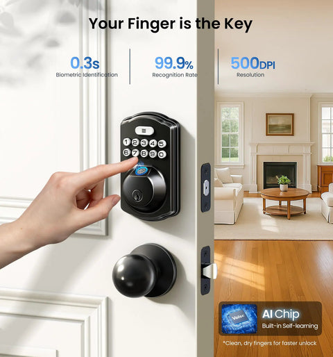 Bulletproof AI Fingerprint Deadbolt Door Lock With Durable Smart Knob Set For Next Level Home Security Zero Hassle Instant Unlock In Point Three Seconds Finished In Smooth Matte Black Exterior Trim