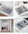Five Compartment Mesh Silverware Drawer Organizer with Non Slip Foam Feet in kitchen and desk setups showcasing cutlery and tools.
