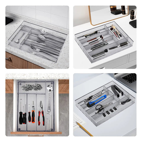Five Compartment Mesh Silverware Drawer Organizer with Non Slip Foam Feet in kitchen and desk setups showcasing cutlery and tools.