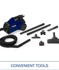 Lightweight Canister Vacuum Cleaner For Smooth Carpet Sweep With 800 Watt Engine And Four Flexible Hose Tools with attachments.