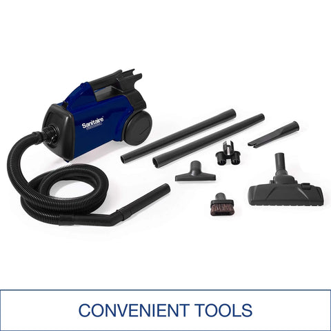 Lightweight Canister Vacuum Cleaner For Smooth Carpet Sweep With 800 Watt Engine And Four Flexible Hose Tools with attachments.