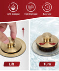 No Sweat Lift Turn Tub Drain Trim Kit With One Hole Overflow Faceplate Brushed Gold shown with hands lifting and turning mechanism.