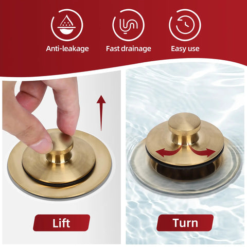 No Sweat Lift Turn Tub Drain Trim Kit With One Hole Overflow Faceplate Brushed Gold shown with hands lifting and turning mechanism.