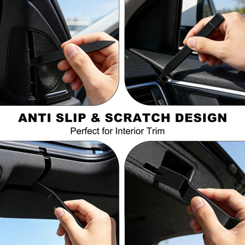 Hands using 5 Piece Car Trim Removal Tool Kit with Auto Clip Pry Tools for Door Panels Dashboard Fasteners and Push Pins Easy