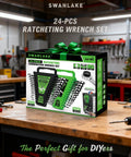 Box of 24-Piece Swanlake Ratcheting Wrench Set on workbench, with organized display, ideal for DIY and automotive repairs.
